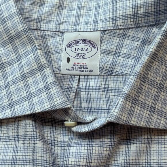 Brooks Brothers 346 Blue White Plaid Slim Fit Button Up 17-2/3 Men's Size XL - Picture 3 of 7